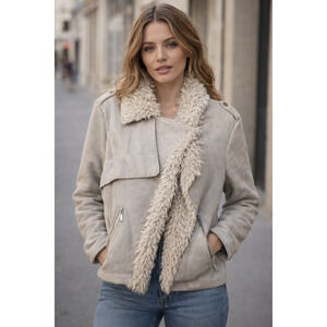 JouJou Faux Suede Penny Lane Jacket  Fur Trim Cropped Moto Coat Boho Chic Y2K XL